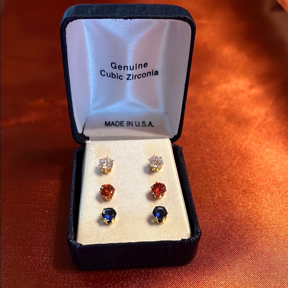 Cubic Zirconia Stud Earrings Set - Gold, Red, Blue